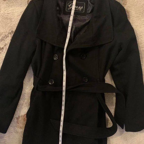 Wool-blend Black Pea Coat with Belt - Picture 3 of 7